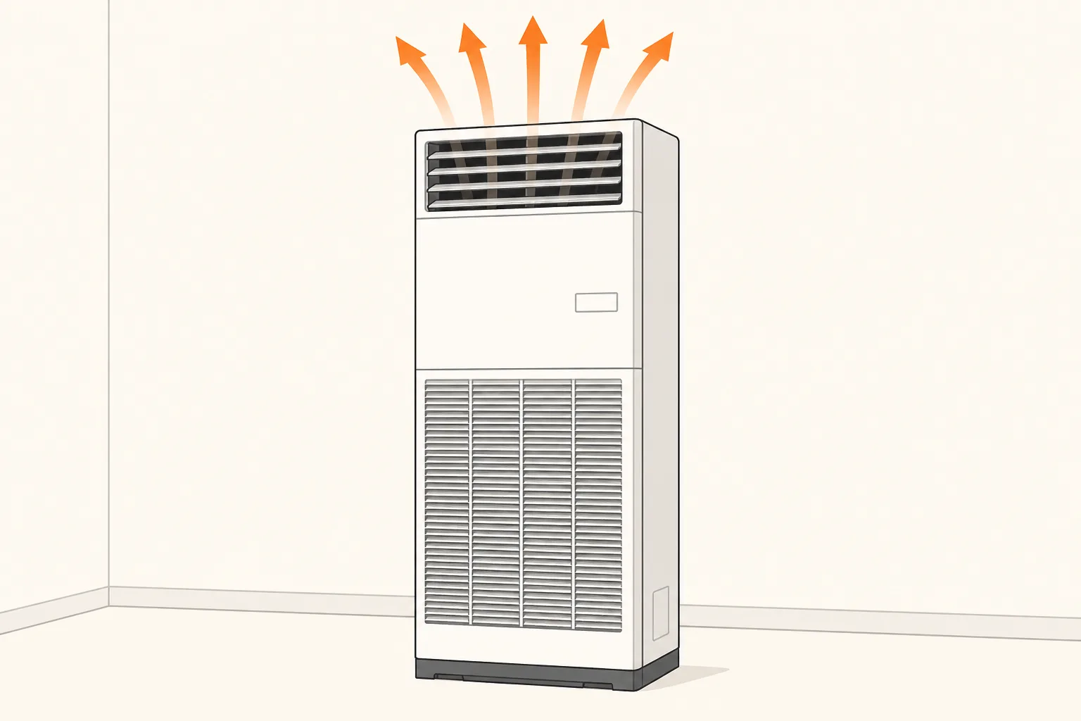 床置形エアコンのイラスト。床に据え付けられた縦型の室内機