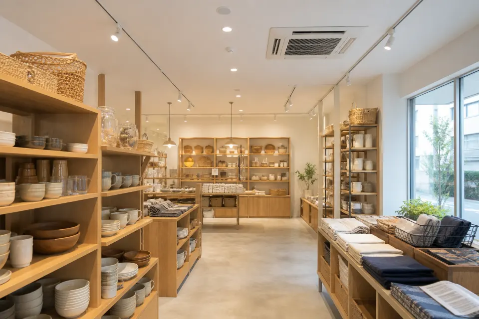 木製の商品棚と通路がある落ち着いた小売店の店内